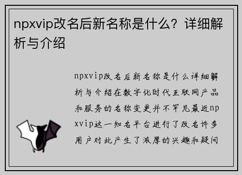 npxvip改名后新名称是什么？详细解析与介绍